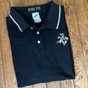 Mens vintage 90s looney tunes shirt bowling black polo Bugs Bunny king pin